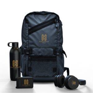 Backpack, headphones, water bottle, and power bank.